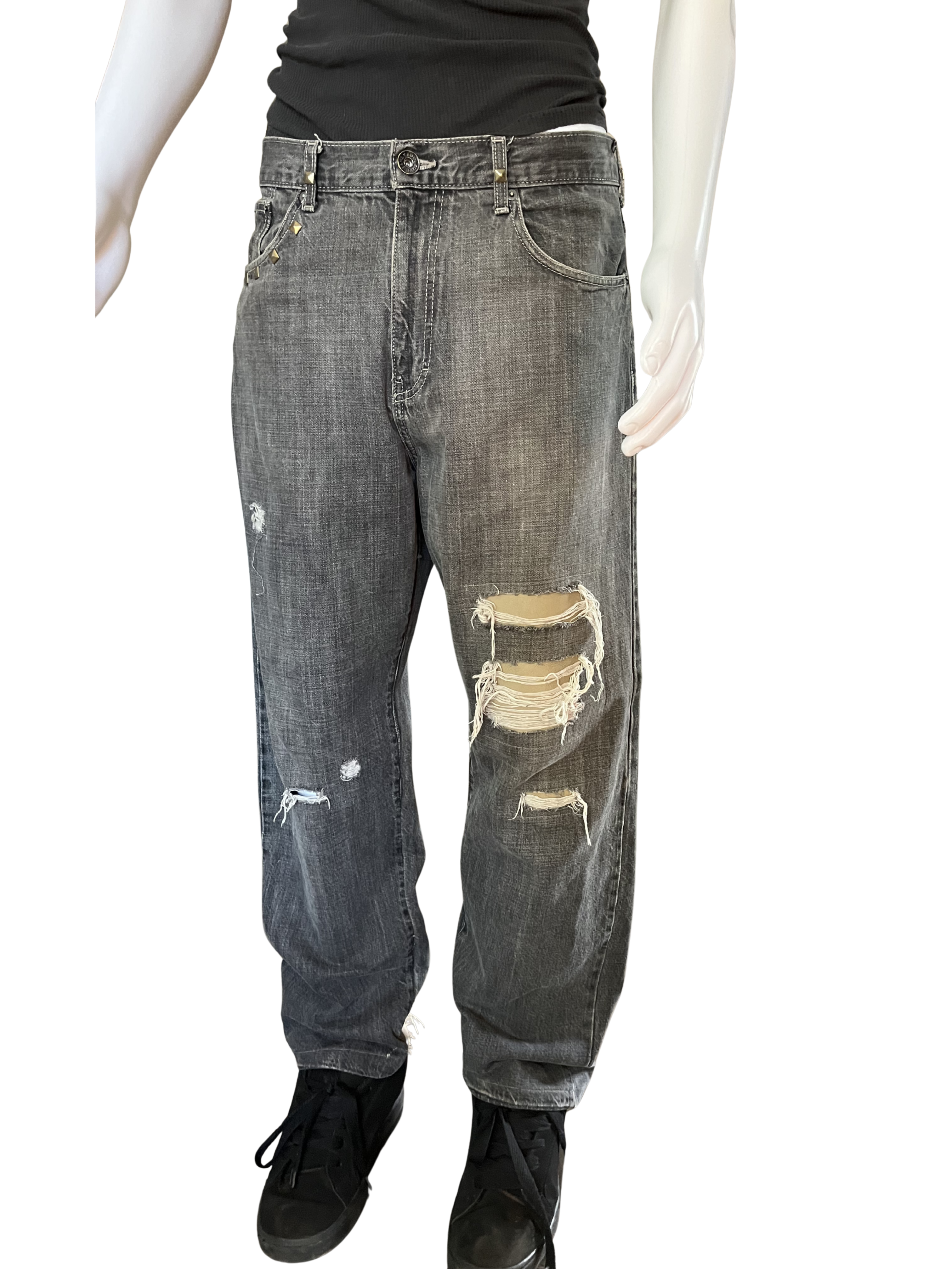 Straight Fit Grey Distressed/Leather Repair