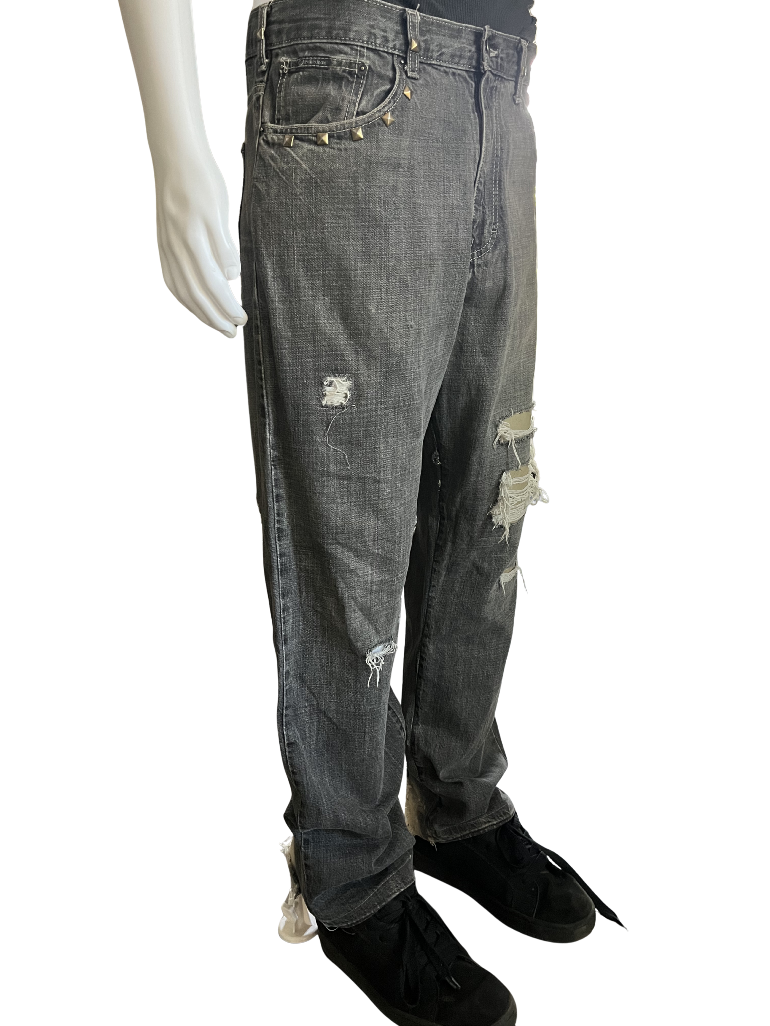 Straight Fit Grey Distressed/Leather Repair