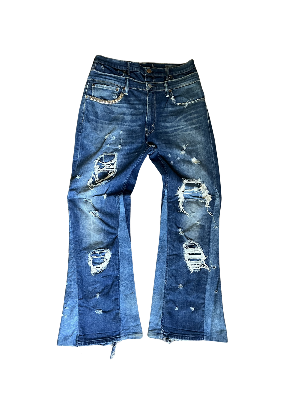 Double waisted Blue flared Distressed/Repaired Jeans