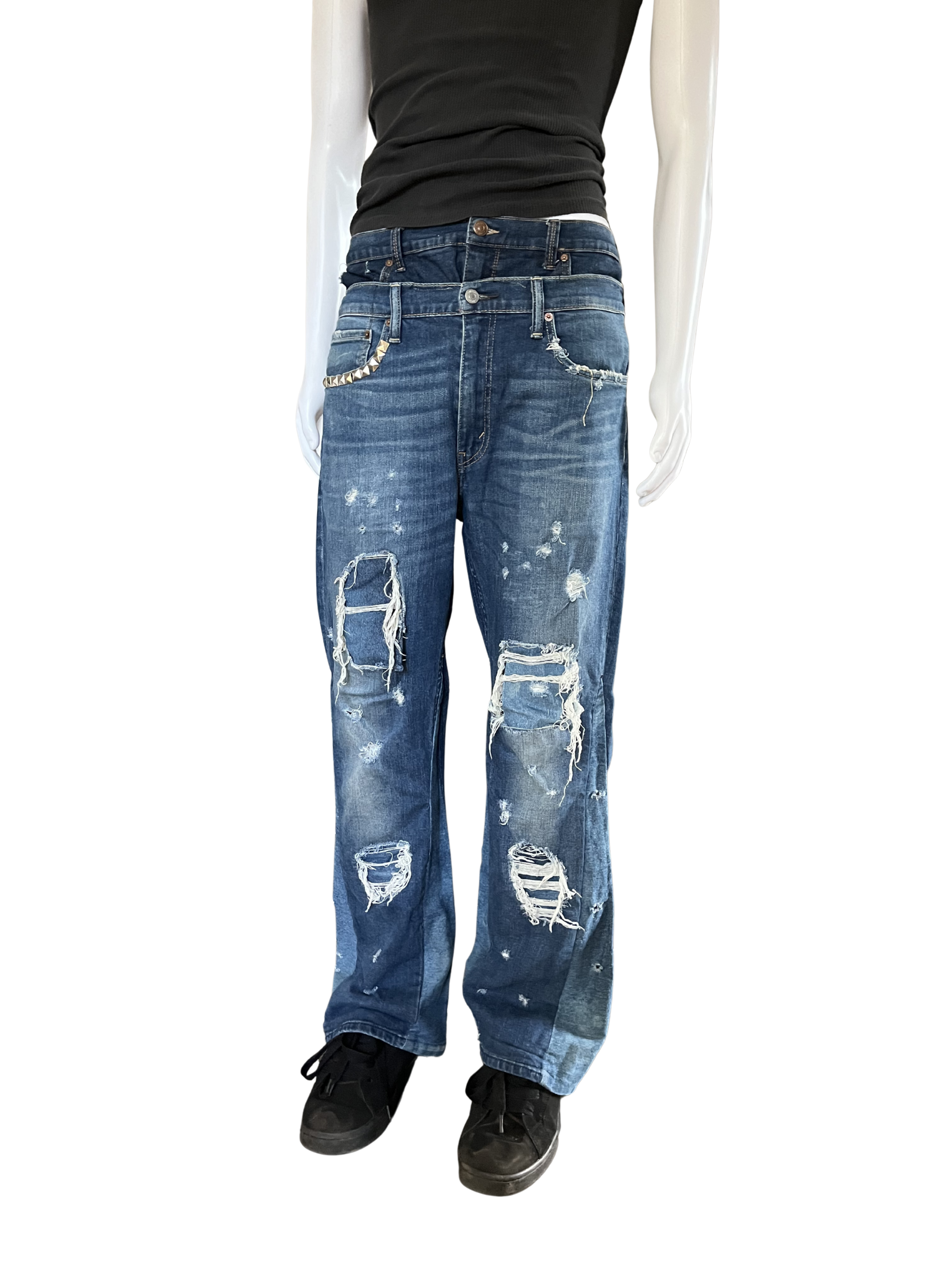 Double waisted Blue flared Distressed/Repaired Jeans