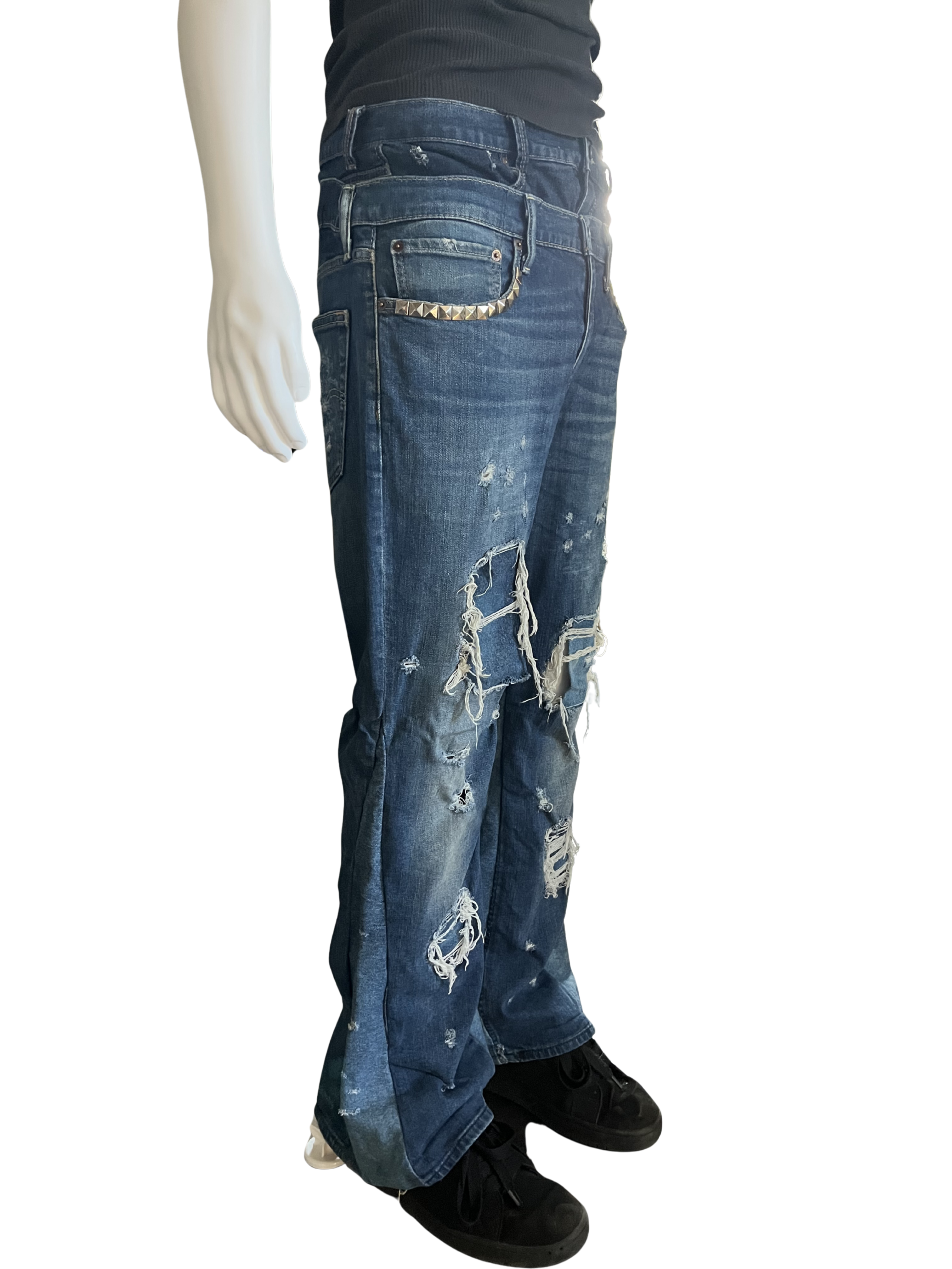 Double waisted Blue flared Distressed/Repaired Jeans