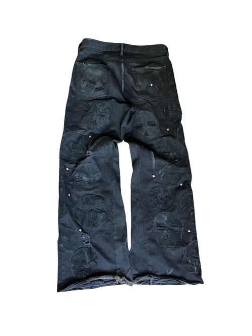 Black Leather Skull Patch Denim Jeans