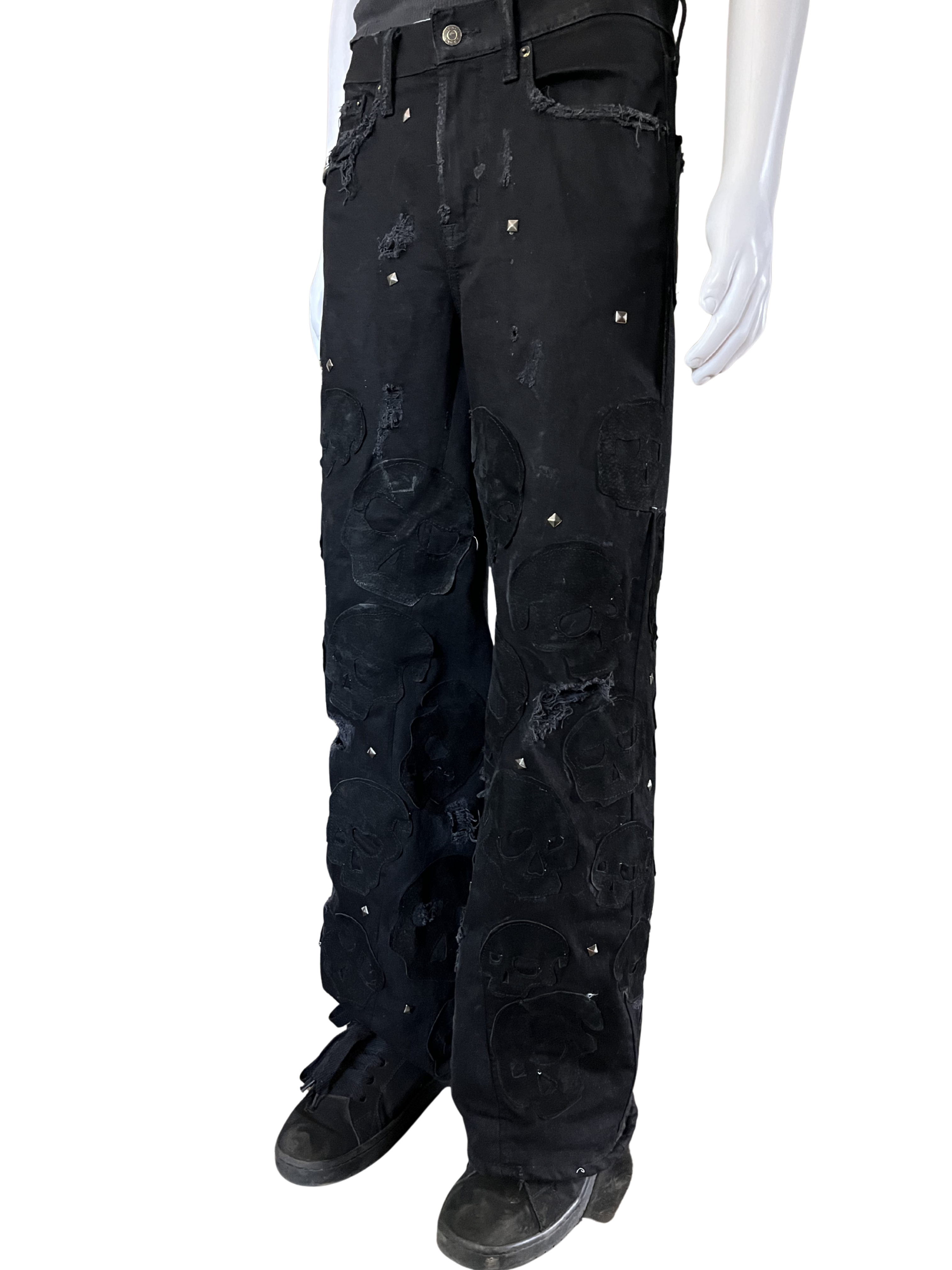 Black Leather Skull Patch Denim Jeans