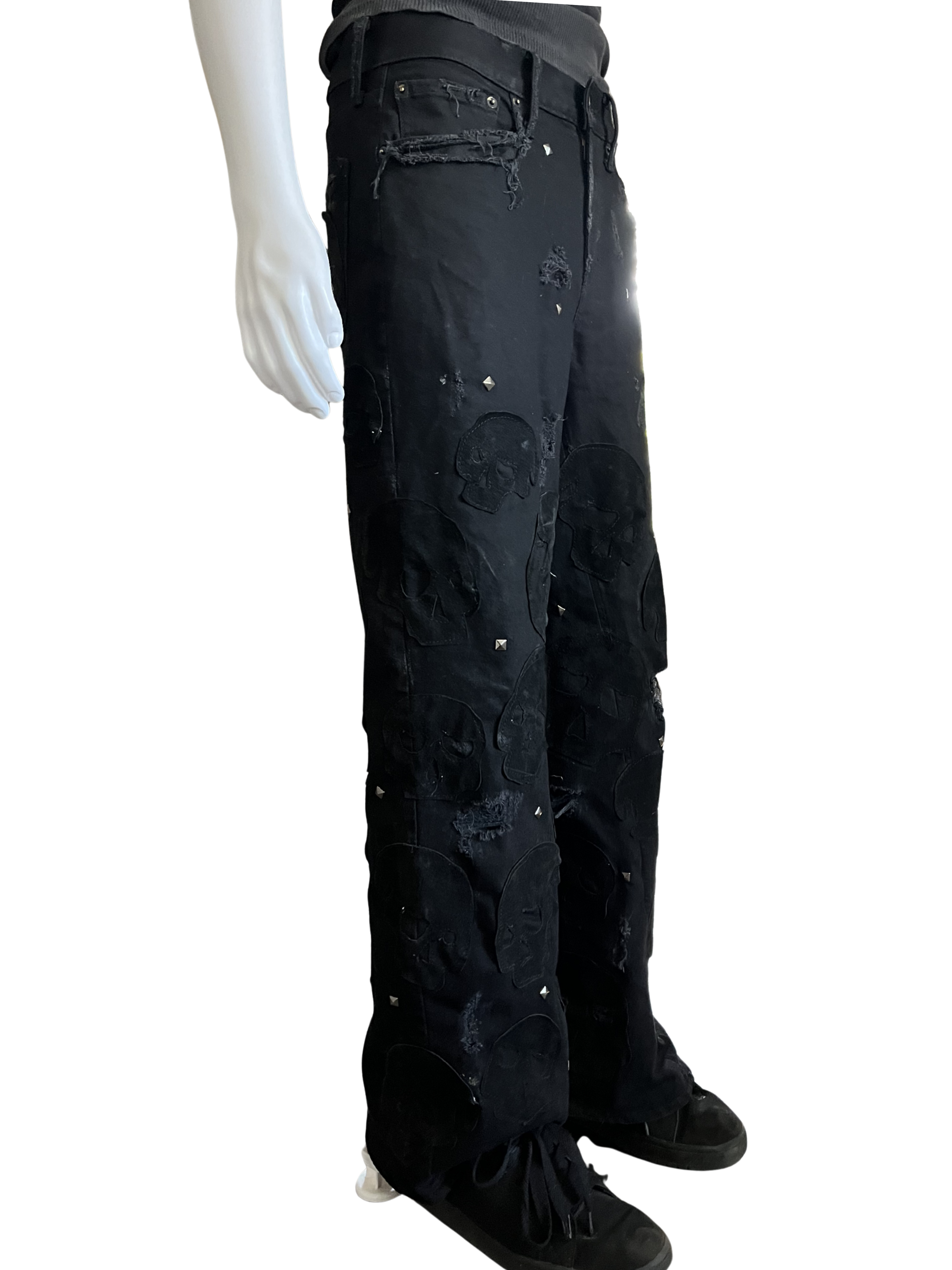 Black Leather Skull Patch Denim Jeans