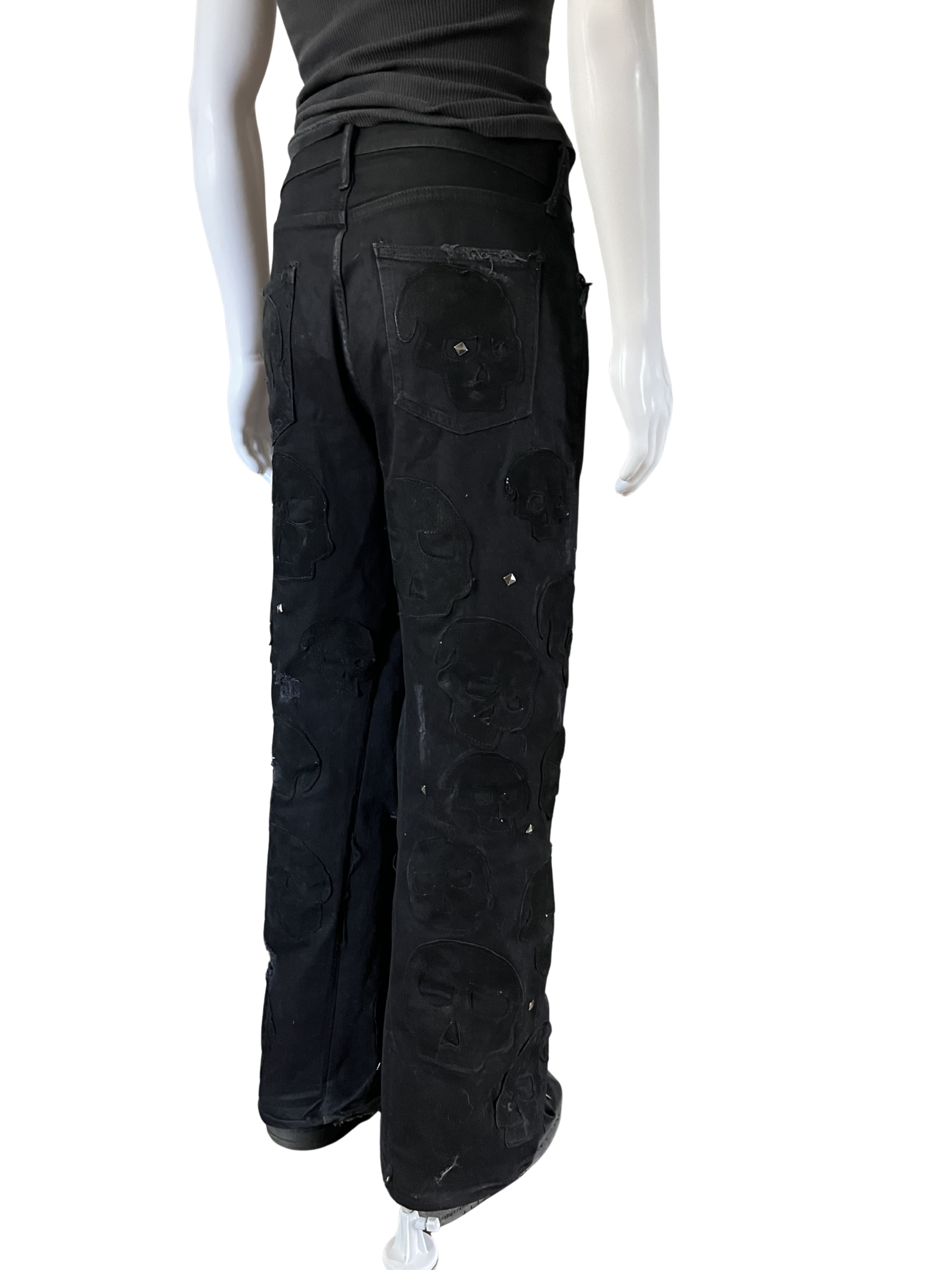 Black Leather Skull Patch Denim Jeans
