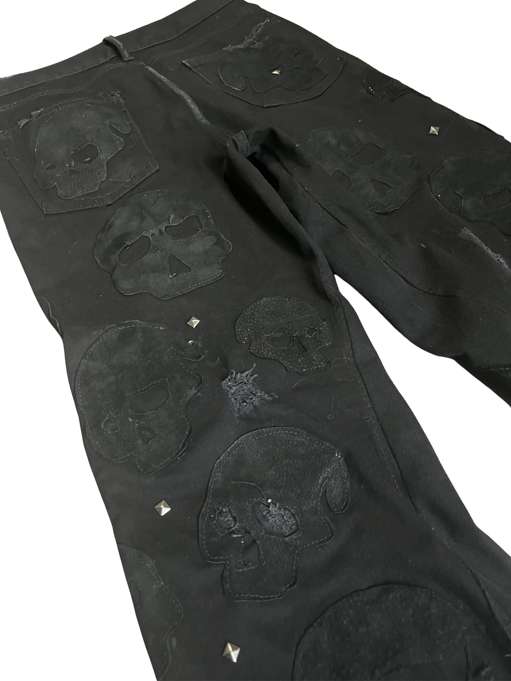 Black Leather Skull Patch Denim Jeans